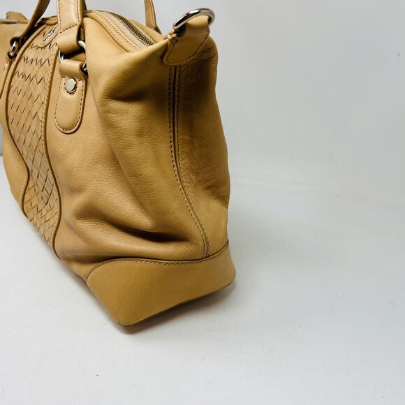 Cole Haan Smooth Leather Basket Weave Shoulder Bag Satchel Tan Gold - Picture 7 of 9